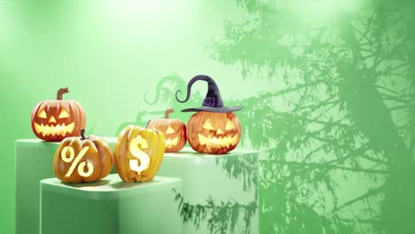 Halloween-themed-display-with-carved-pumpkins-on-platforms,-one-with-a-witch-hat-and-others-with-percentage-and-dollar-signs,-shadows-of-branches-on-a-green-background