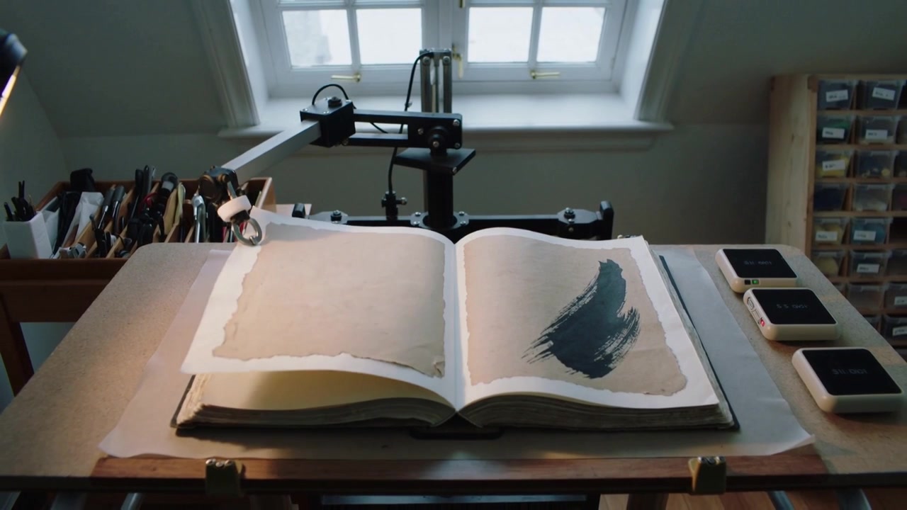 Flipping robot arm on control signal, turning book pages at bench revealing teal stroke near window