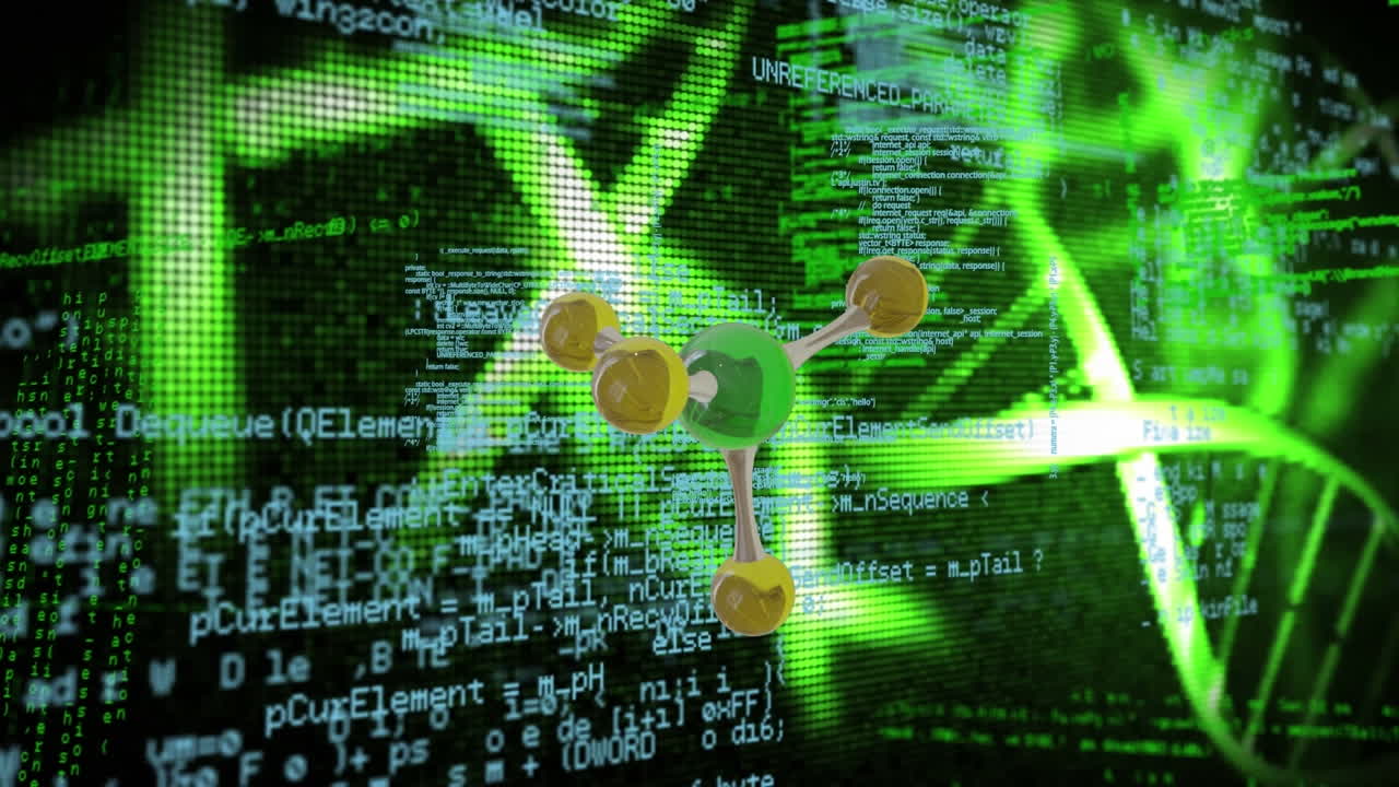 estructura molecular y cadenas de adn verdes sobre el procesamiento de datos en negro