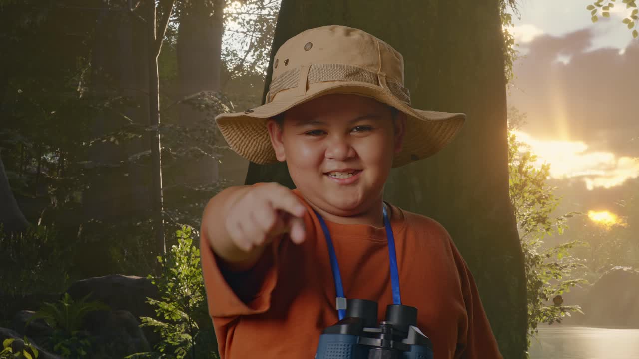 niño asiático con sombrero y binoculares sosteniendo una lupa, tocando su pecho y luego señalándote mientras explora la naturaleza del bosque. niño investigador examina algo, turismo de viajes, de cerca