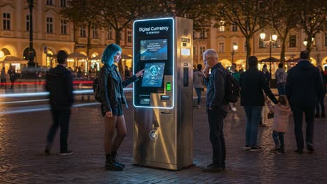 A Young Woman Demonstrates a Digital Currency Kiosk to an Elderly Man in a Vibrant Urban Setting, Showcasing the Future of Cashless Transactions and Technology Integration