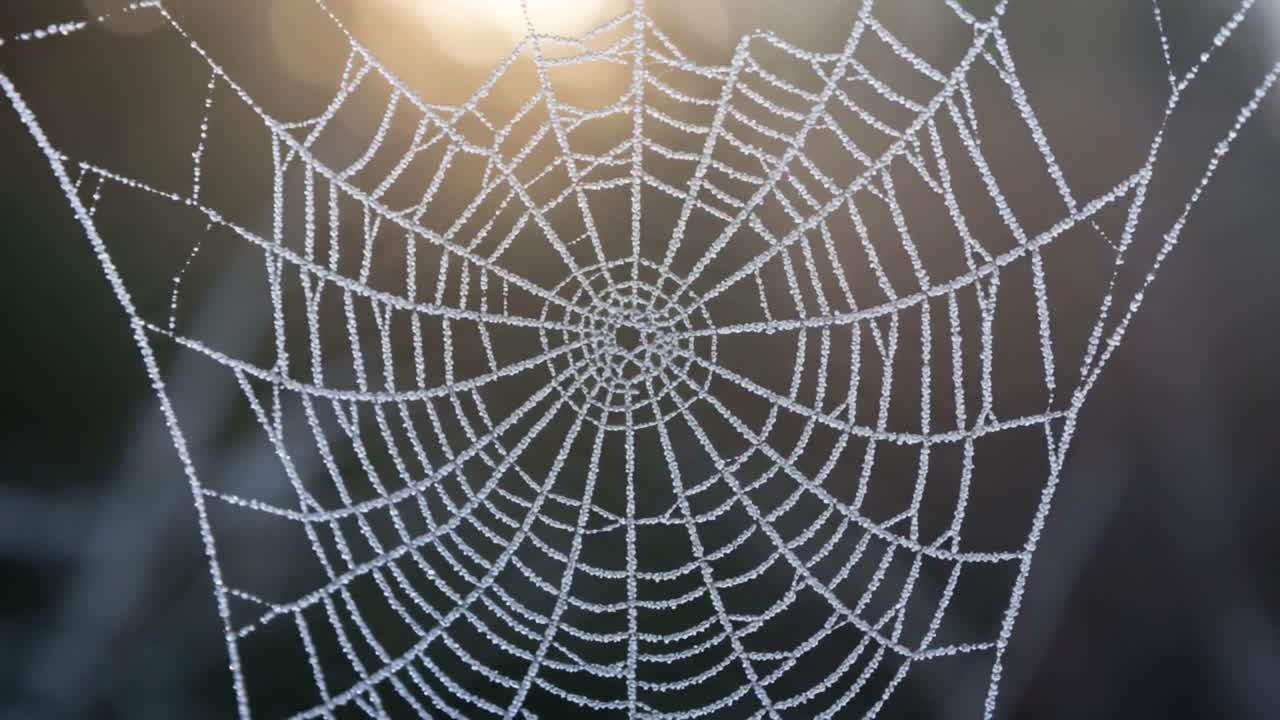 A Beautifully Crafted Spider Web Glistening with Dew Drops Under Morning Light, Capturing Nature's Intricate Design in Stunning Detail