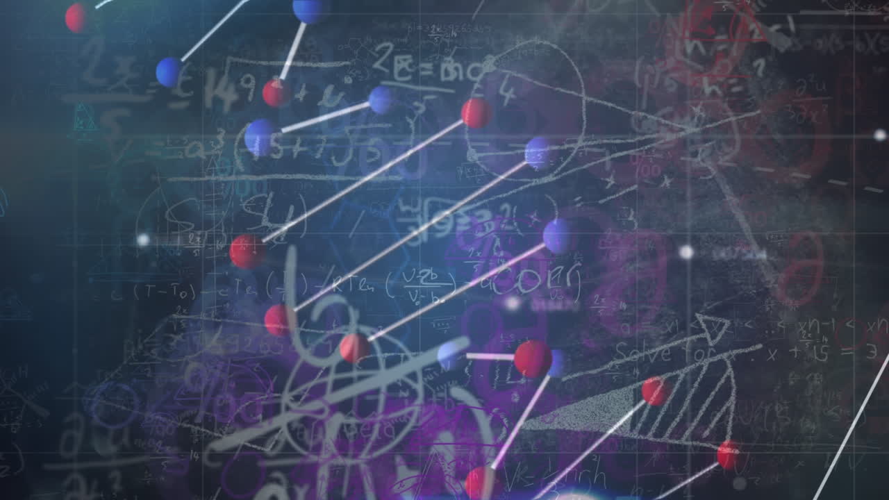 animación del adn sobre un fondo negro con diversos datos matemáticos