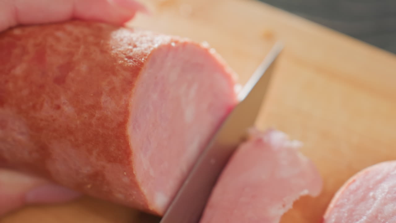 close up hands slicing pink hotdog on wooden board using sharp kitchen knife on kitchen counter, showing texture of processed meat under soft lighting during indoor meal preparation