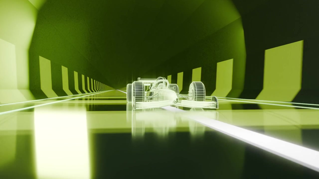 Tracciamento della telecamera, auto wireframe che si avvicina alla telecamera in un tunnel al neon, rivelando luce bianca e dettagli