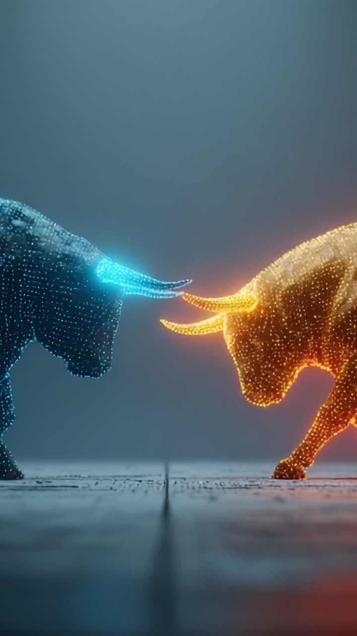 Una narrativa visual fascinante: el choque entre dos toros dinámicos que representan fuerza, poder y resiliencia en un entorno de alta tecnología de luces y sombras