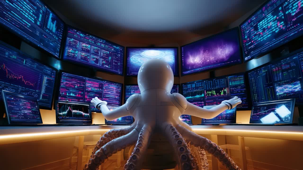 A futuristic octopus robot manages vast digital information, surrounded by glowing screens displaying complex data analytics and visualizations in a high-tech control room environment