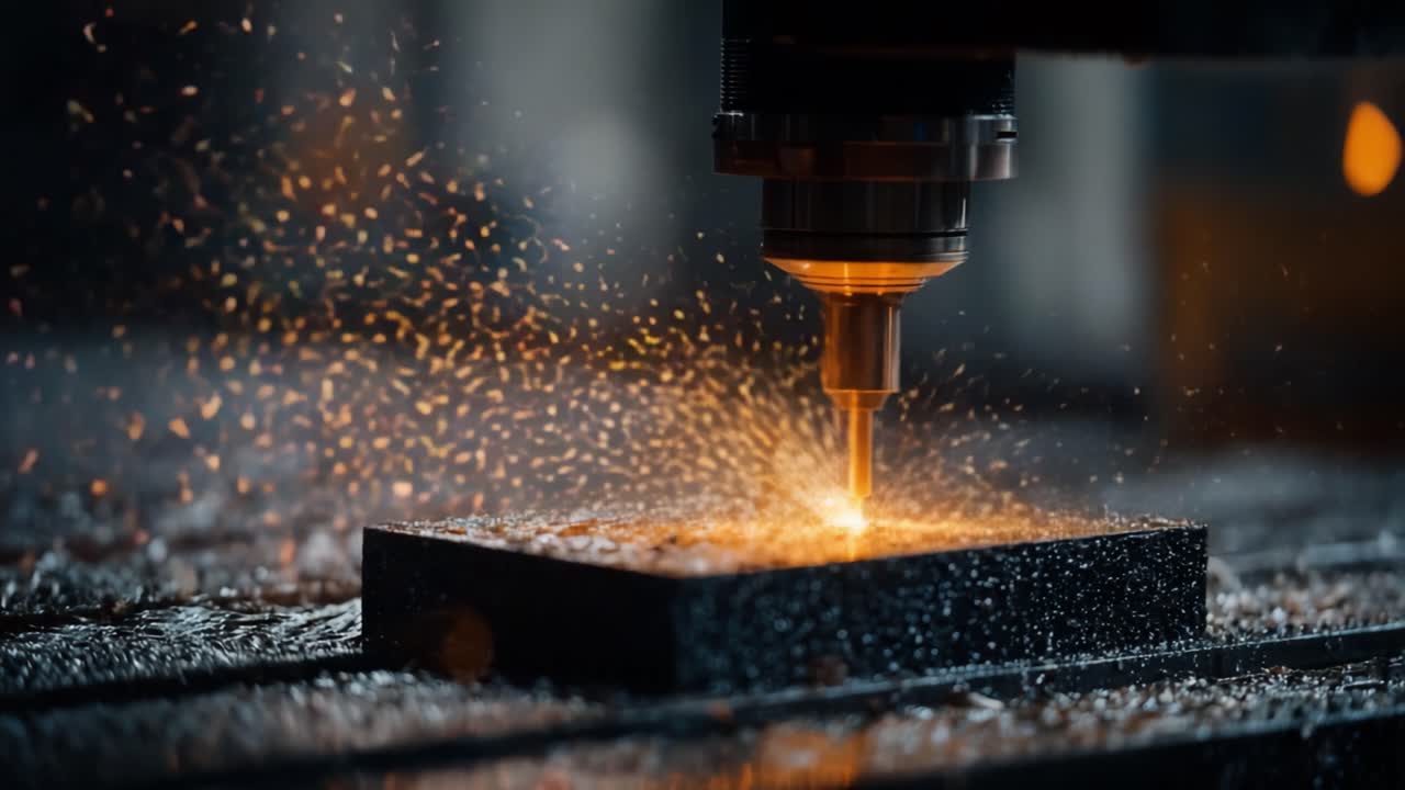 Operazione di lavorazione ad alta precisione che mostra un utensile da taglio in azione, generando scintille mentre lavora su una superficie metallica scura, evidenziando le complessità dell'artigianato e della tecnologia industriale.