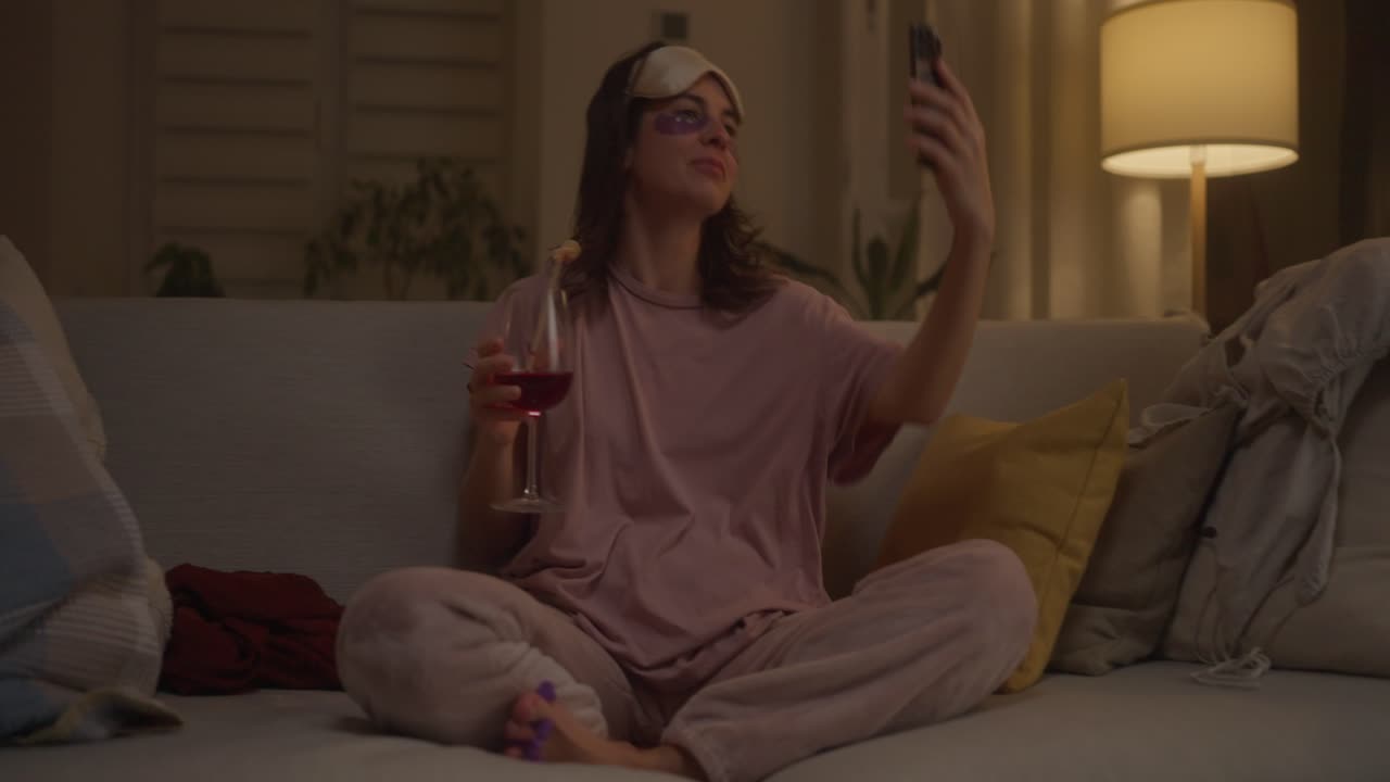 Donna che si rilassa a casa con vino e smartphone