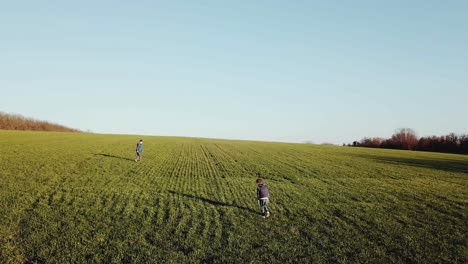 two tired children walk along the green grass field. aerial view