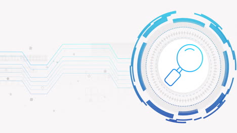 animation of network of connections and reading glass on white background