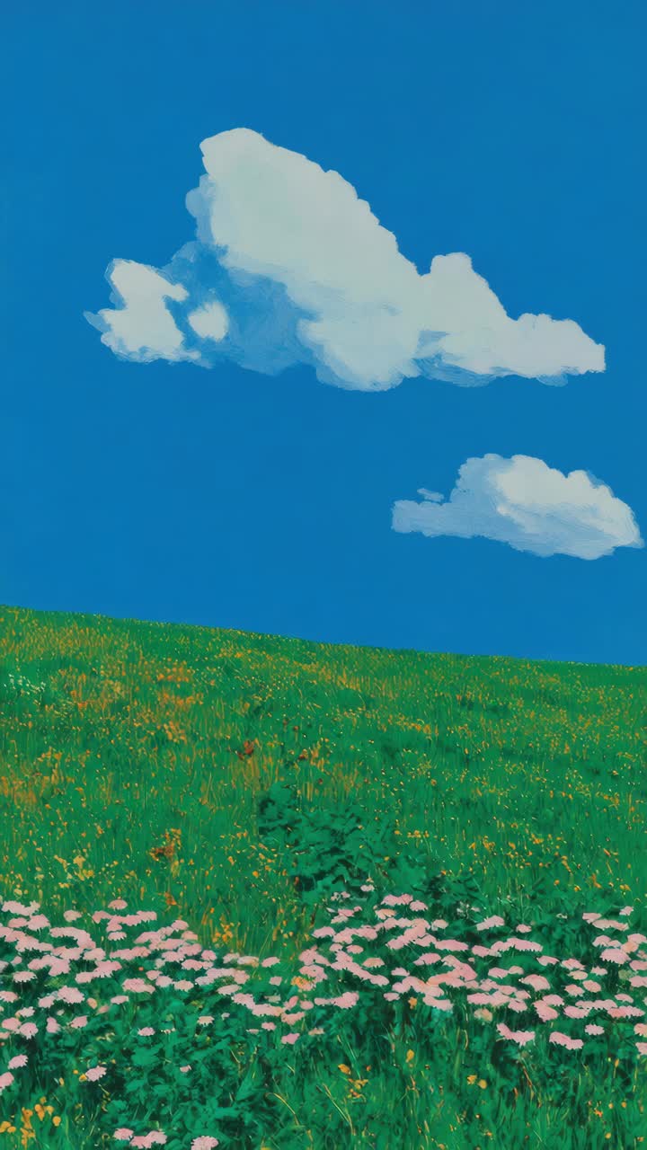 A serene landscape video concept with a low-angle view of a vibrant meadow, pink flowers, and fluffy