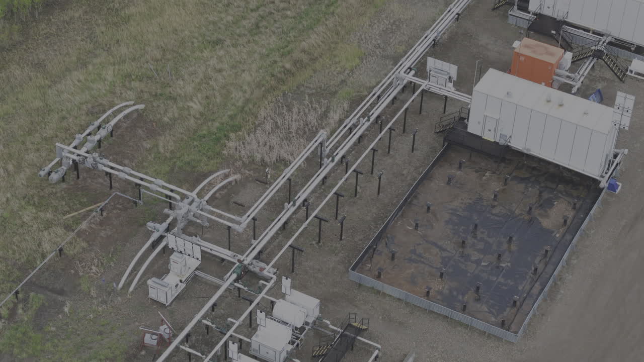 дрон захватывает обширную планировку насосной станции, неотъемлемой части нефтяной и газовой промышленности в северной части британской колумбии.