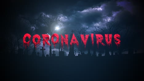 animated closeup text coronavirus and mystical background with dark clouds and grave on cemetery