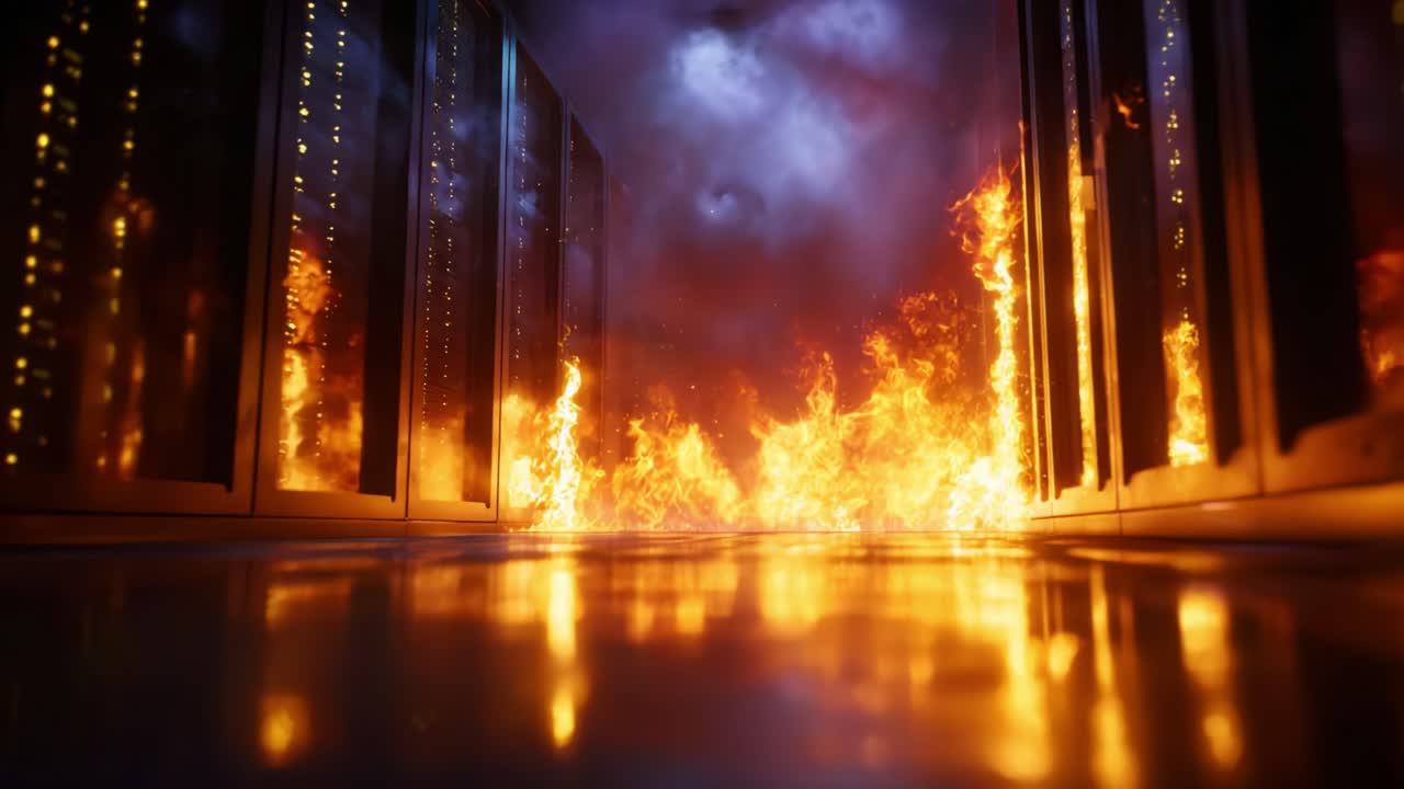 Kraftig brand hærger datacenter, forvandler miljøet drastisk og skaber en kaotisk scene blandt rækkerne af højteknologiske serverracks