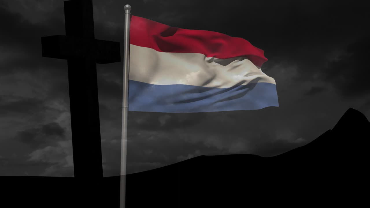 Waving Dutch flag with cross silhouette against dark cloudy sky in animation