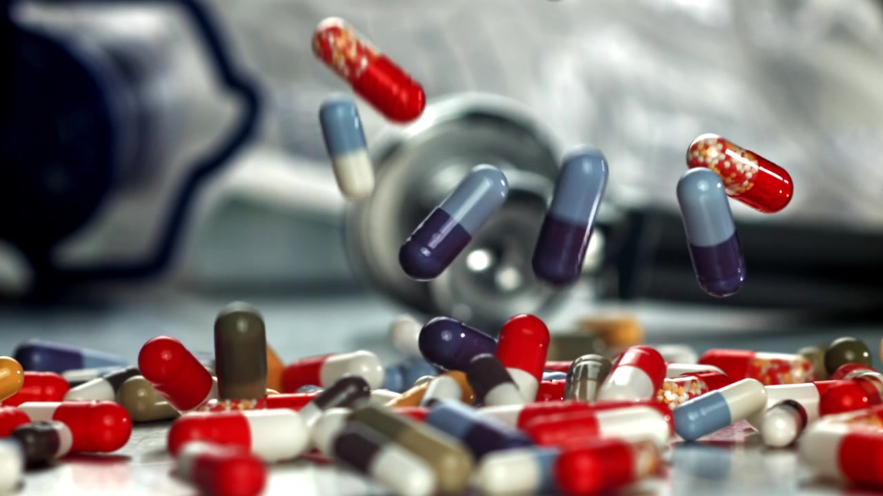 Pillole e capsule colorate che cadono al rallentatore vicino a uno stetoscopio