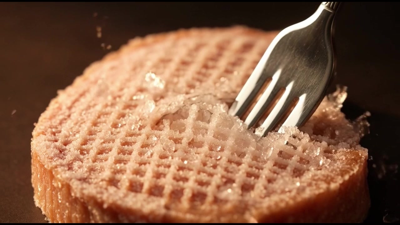 Forchetta che trafigge un waffle congelato con cristalli di ghiaccio visibili