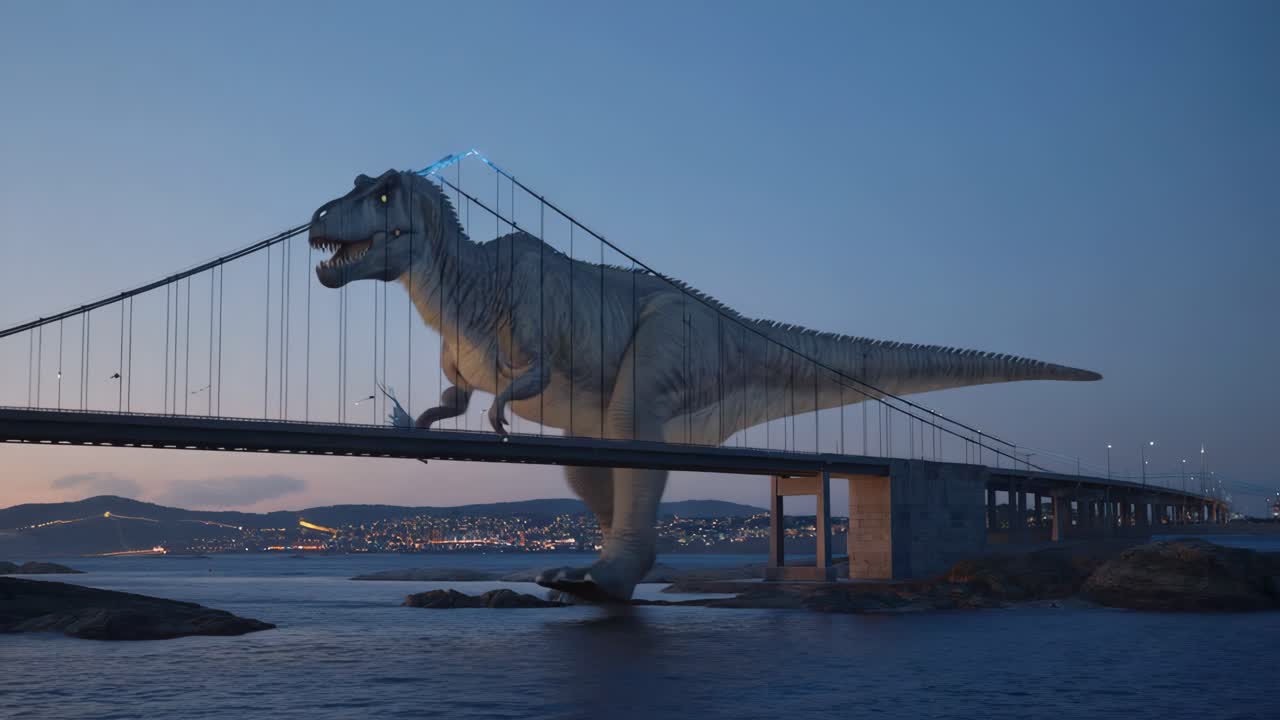 A Giant T-Rex Strides Across a Suspension Bridge at Dusk