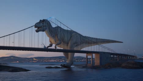 a giant t-rex strides across a suspension bridge at dusk