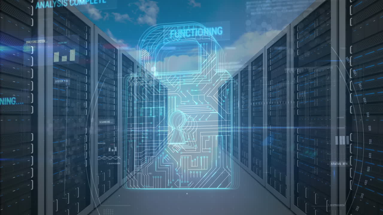 Animation of online security padlock and data processing over computer servers