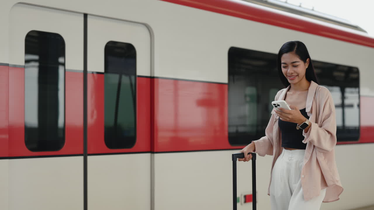 Woman using mobile phone at train station