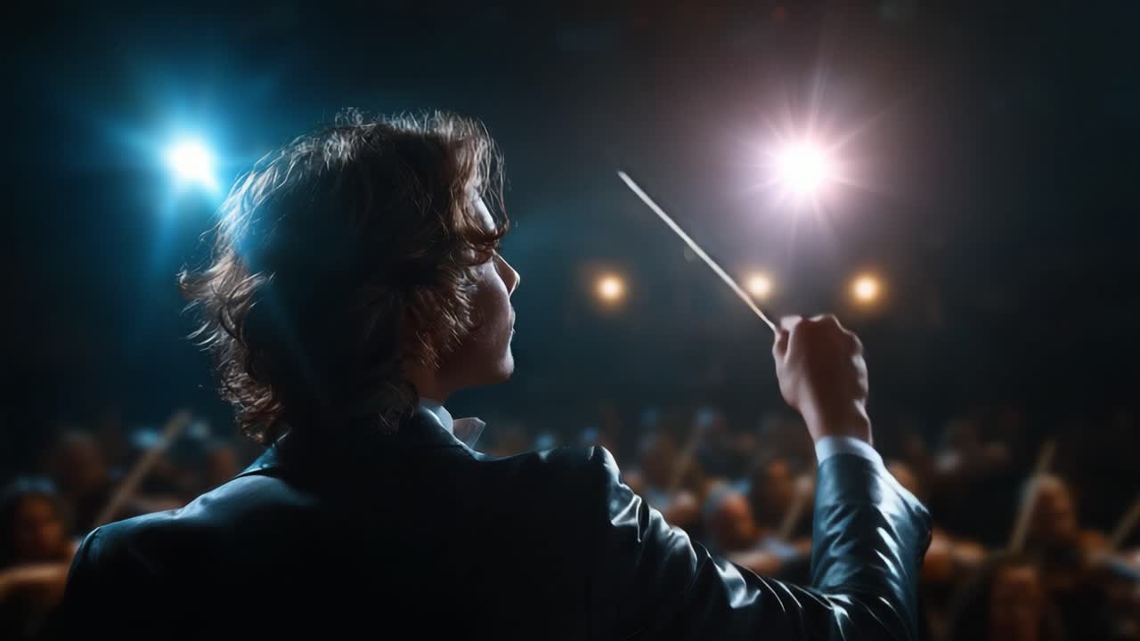 A passionate conductor leads a captivating symphony performance, captivating the audience with dynamic movements and an engaging musical experience