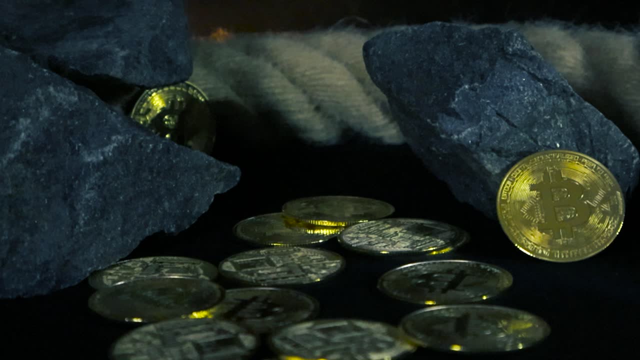Golden yellow reflective and shiny bitcoin coins on a dark studio background with smoke, a large rope and some stones while footage moves from right to left revealing more bitcoins cryptocurrencies.