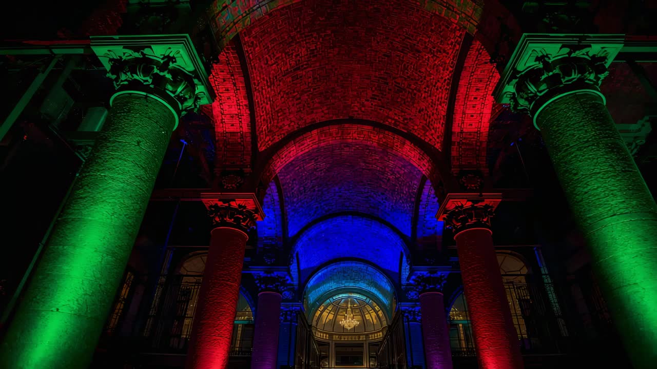 Shifting lighting cues driving LEDs bathing nave at basilica, highlighting columns and apse