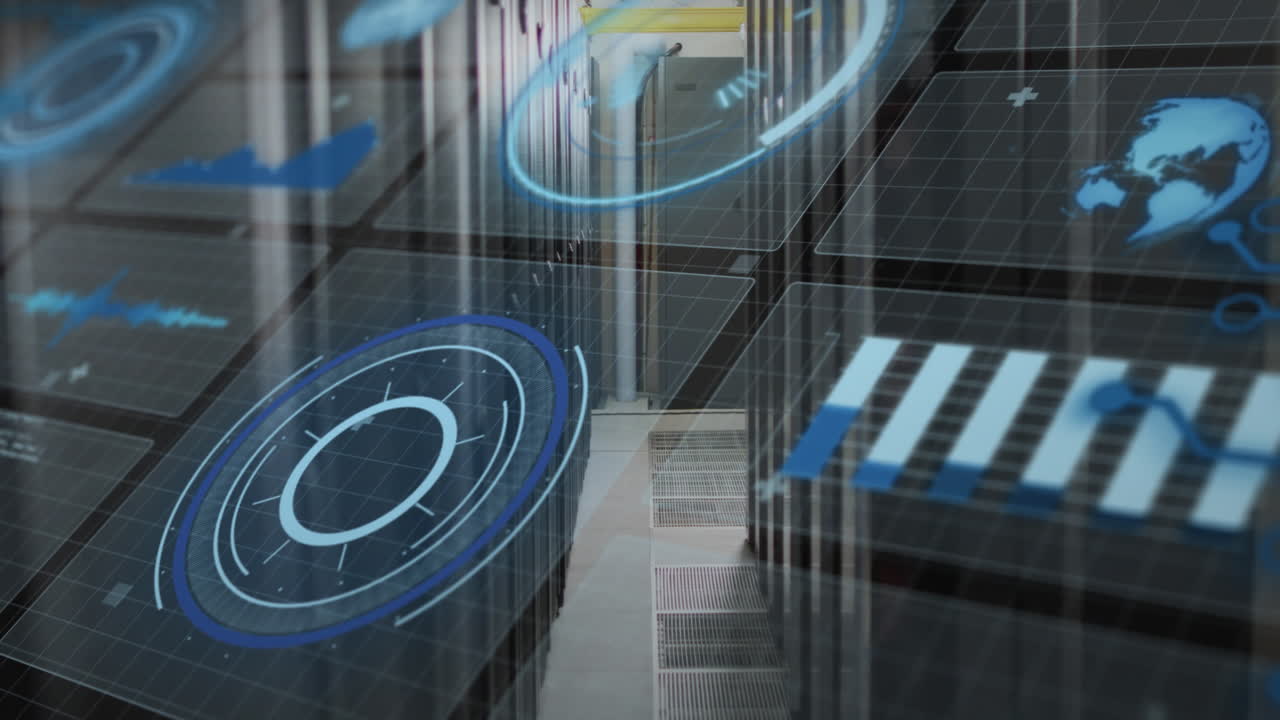 Animation of interface with data processing against computer server room