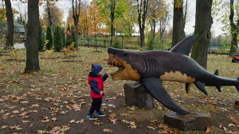 child in red jacket approaches the wooden shark sculpture. toddler boy touching the shark teeth.