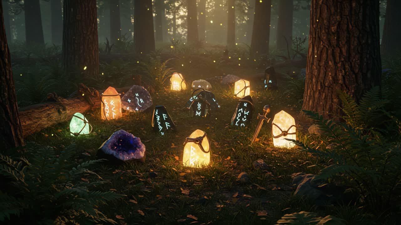 A Mystical Grove of Glowing Crystals and Ancient Stones: Enigmatic Symbols Illuminate a Lush Forest Clearing Surrounded by Nature's Beauty and Wonder