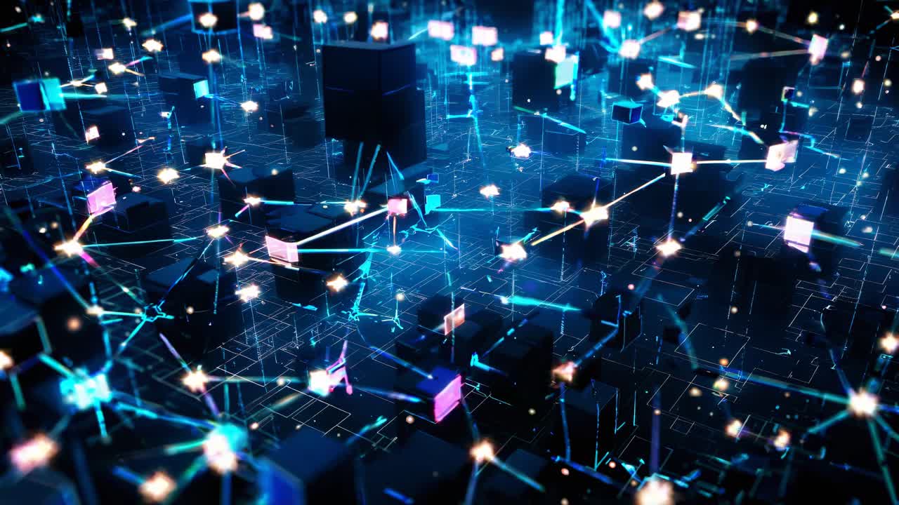 Futuristic digital landscape with glowing blue cubes and lines