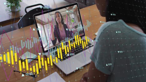 animación de procesamiento de datos financieros sobre una mujer de negocios afroamericana haciendo una llamada de video