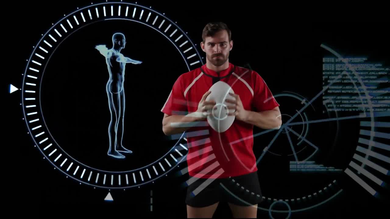 공을 들고 있는 프로 럭비 선수와 의료 데이터