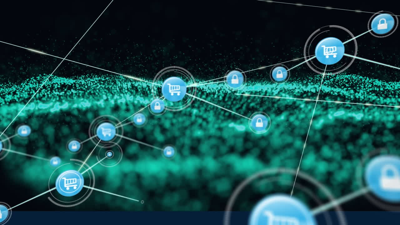Animation of network of connections with online shopping icons over glowing green mesh