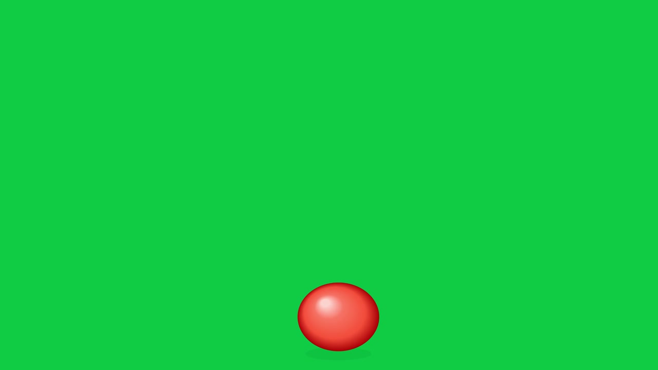 A red sphere bounces across a solid green screen with smooth physics-based motion and shadows.