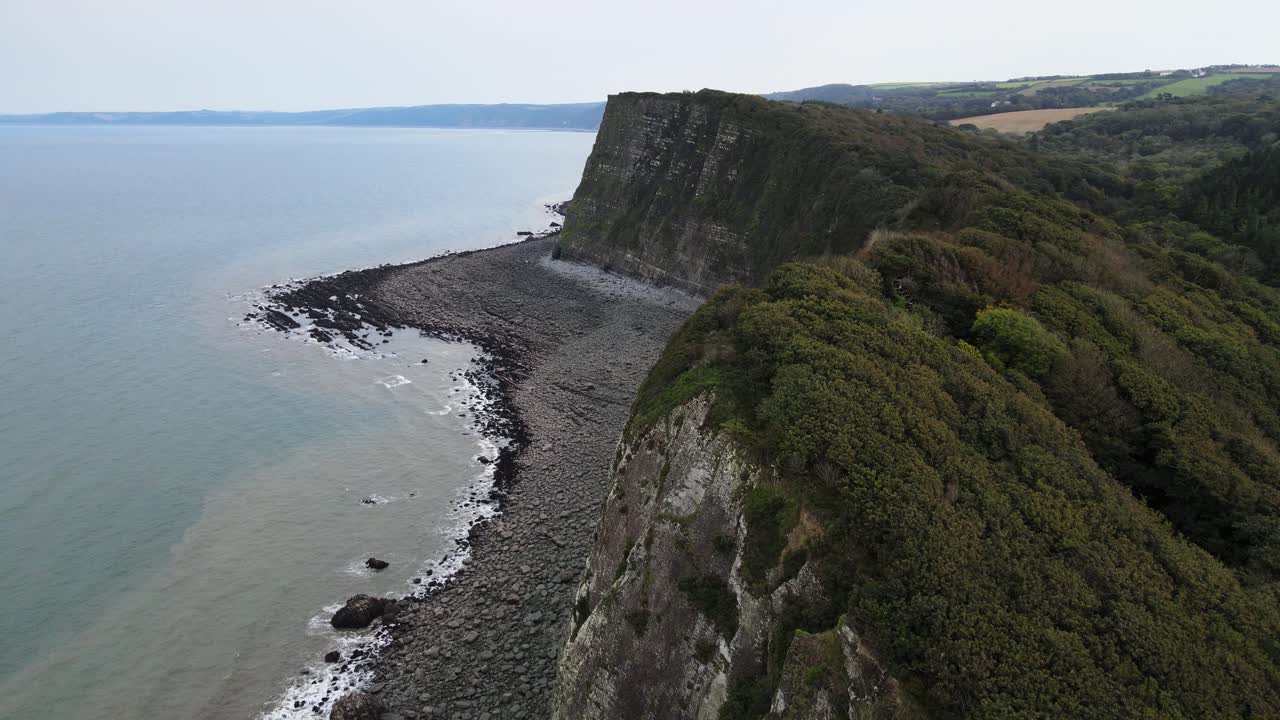imágenes aéreas en lo alto de acantilados boscosos en la costa de devon, reino unido, revelan la playa con la roca de la iglesia negra y la boca del molino