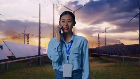 asian female with solar panel and wind turbines, she pick the phone up and started to speaking with it