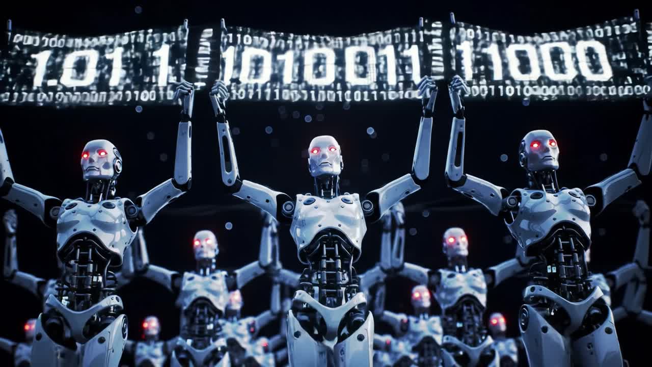 A Gathering of Advanced Robots Displaying Binary Code in a Digital Environment, Highlighting the Fusion of Technology and Innovation in the Future of Robotics