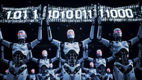 a gathering of advanced robots displaying binary code in a digital environment, highlighting the fusion of technology and innovation in the future of robotics