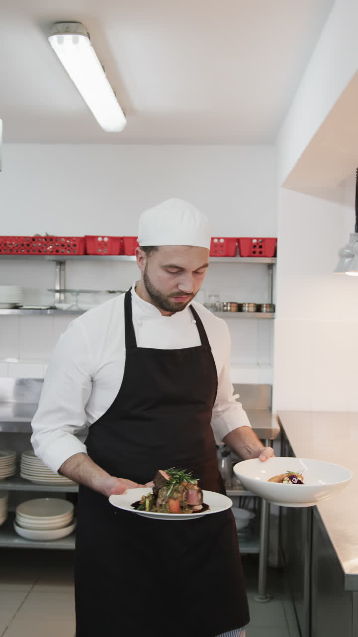 Caucasian male chef holding dishes with prepared meals on plates in kitchen, slow motion, vertical