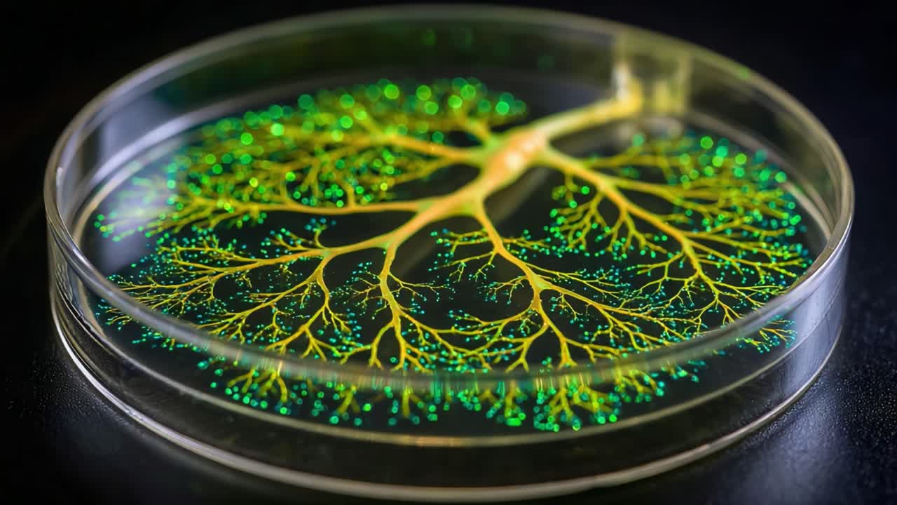 Exploring the Intricate Patterns of a Biological Model: A Study of Yeast Growth Revealed through Vibrant Fluorescent Imagery in a Petri Dish
