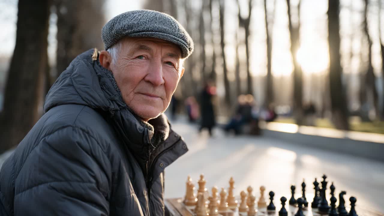 Thoughtful Elderly Man Playing Chess in a Serene Park Setting, Surrounded by Nature, with the Warm Glowing Sunset in the Background Creating a Peaceful Atmosphere