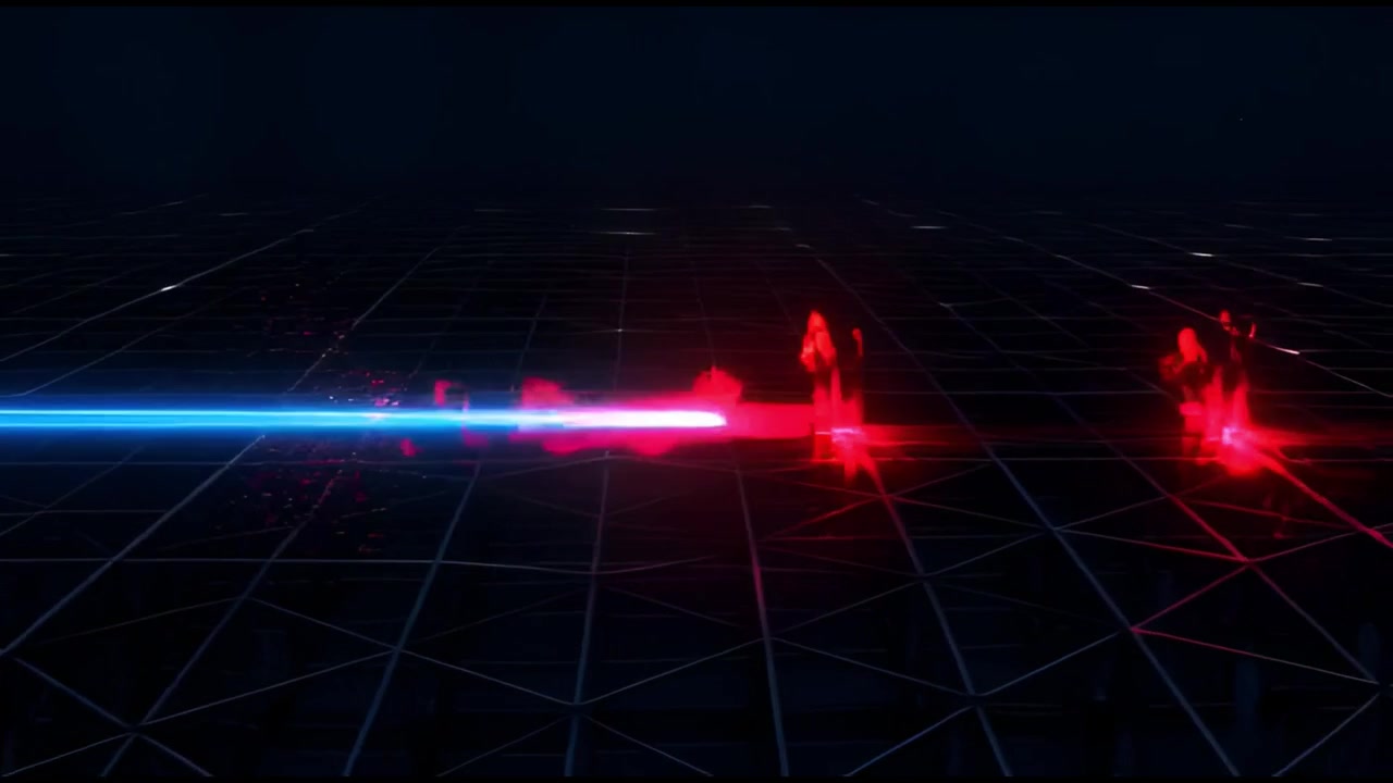Raggio laser blu distrugge oggetti rossi incandescenti su una griglia digitale