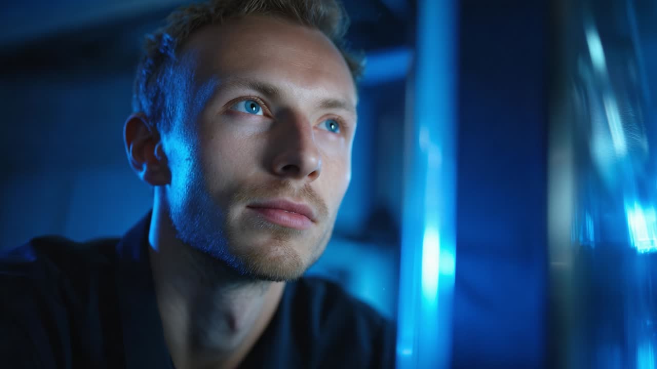 A Thoughtful Portrait of a Young Man Gazing Upward in a Dimly Lit Room, Illuminated by Soft Blue Light, Capturing an Introspective Moment of Contemplation and Curiosity About His Surroundings