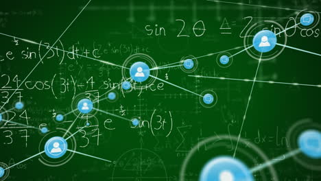 Animation of network of connections with icons over mathematical equations on green background