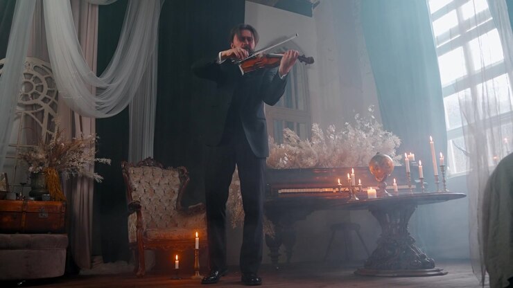 Uomo in completo che suona il violino in una elegante stanza illuminata a lume di candela