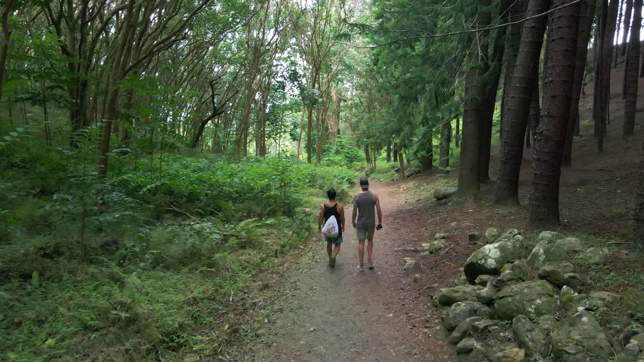 Excursionista alcanzando a sus amigos en una caminata por un bosque tropical en Maui