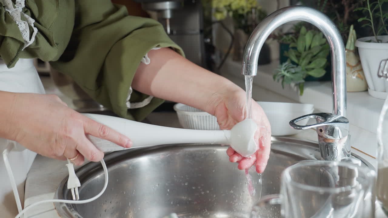 Close up of cook washing electric hand blender under running water in stainless steel sink, carefully rinsing blade area while holding power cord